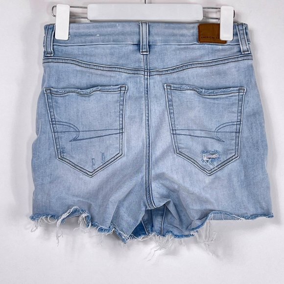AE American Eagle Curvy Hi Rise Shortie Raw Hem Light Blue Denim Shorts Size 4 - Picture 3 of 8